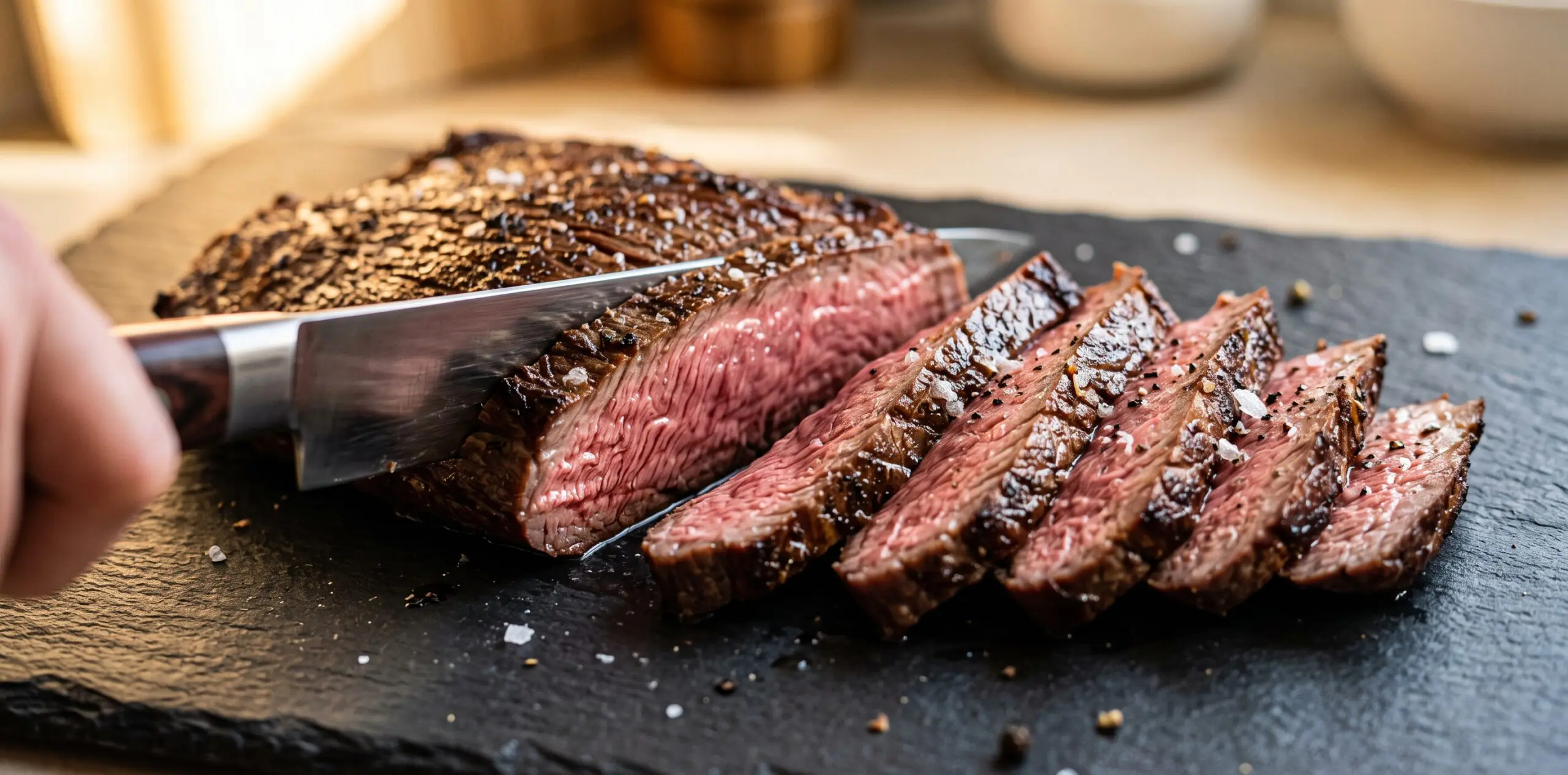 A rested flank steak mid-slice, angled cuts revealing the rose-pink medium-rare interior, slices fanning out.