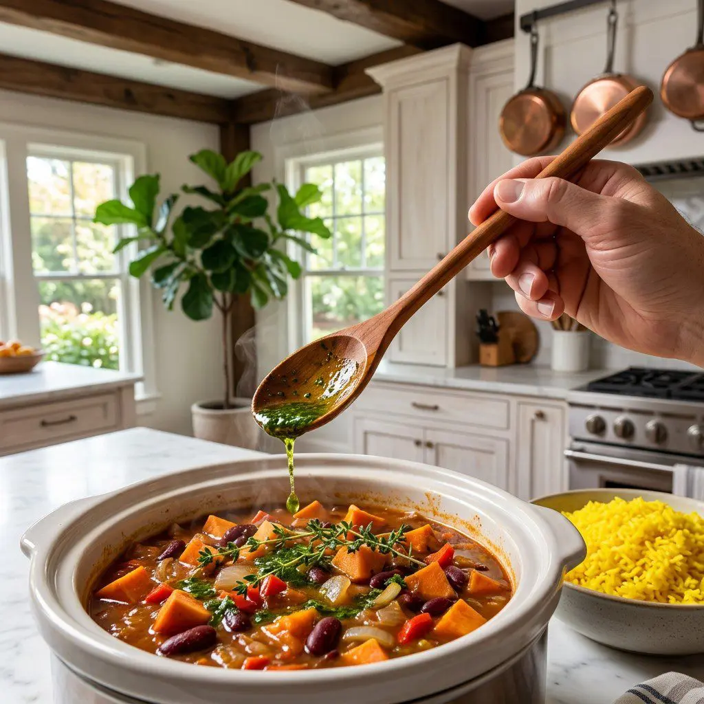 Home cook prepared steps for assembling and cooking Slow Cooker Caribbean Stew with Herb Oil and Yellow Rice.