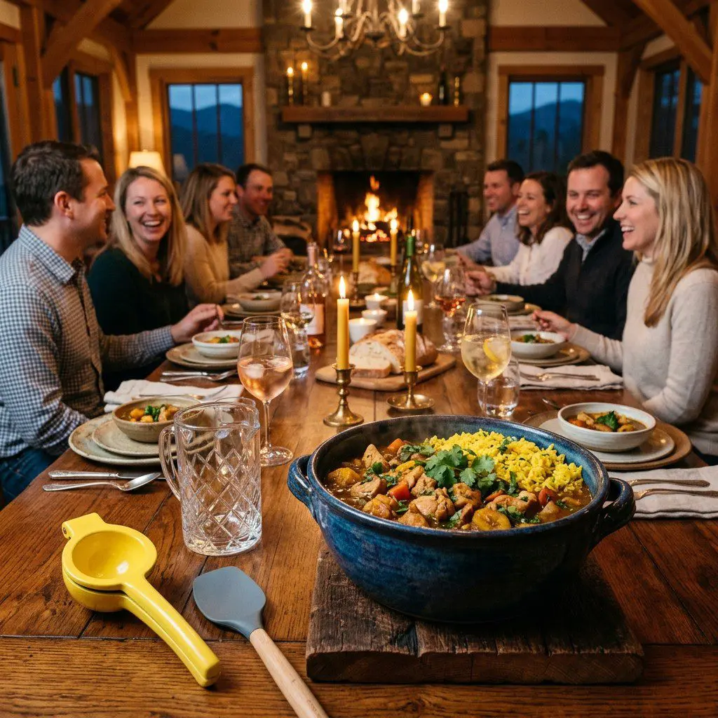 An appetizing, fresh serving of cooked Slow Cooker Caribbean Stew with Herb Oil and Yellow Rice displayed beautifully on a styled dining table.