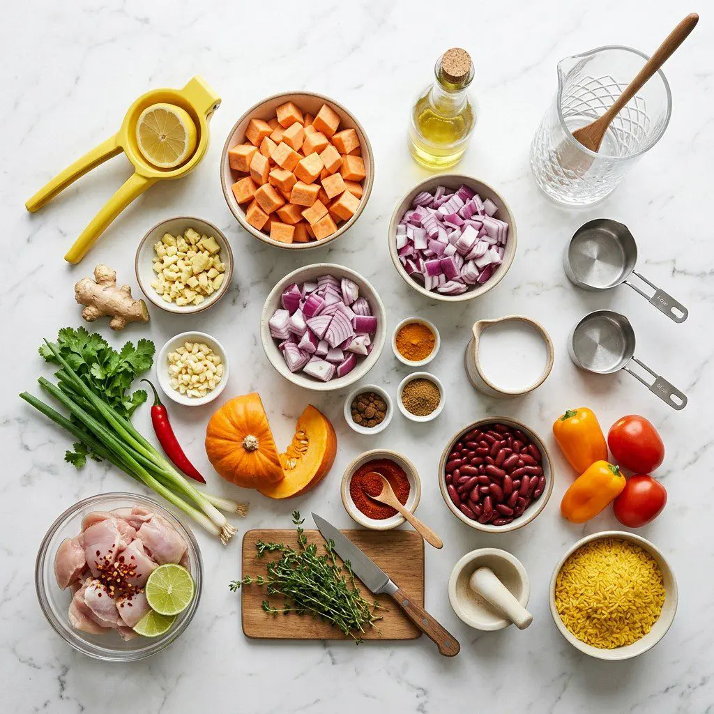 Raw cooking ingredients for Slow Cooker Caribbean Stew with Herb Oil and Yellow Rice arranged beautifully on a clean kitchen counter.