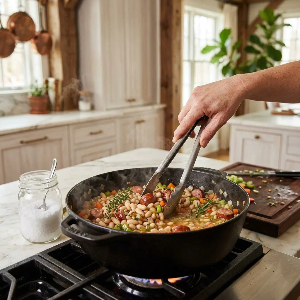 Home cook prepared steps for assembling and cooking Slow Cooker White Bean Cassoulet.