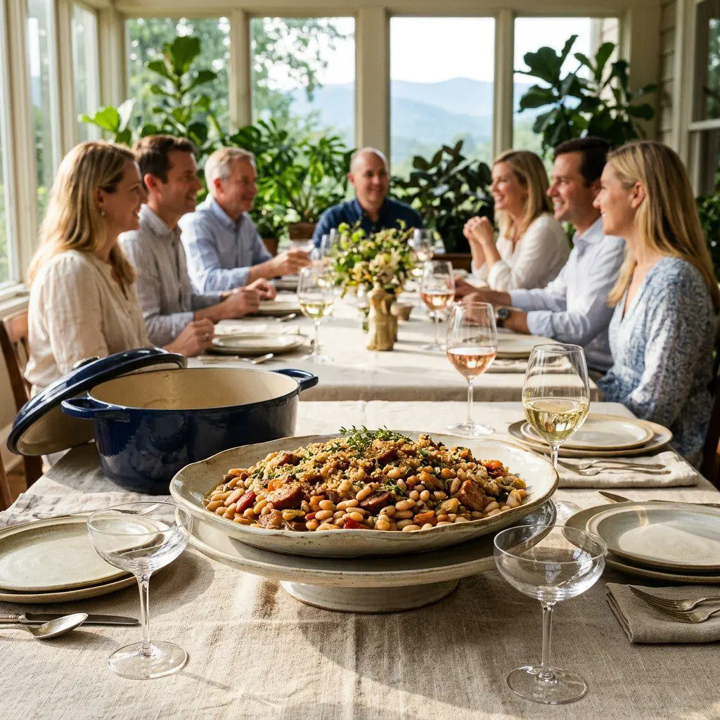 An appetizing, fresh serving of cooked Slow Cooker White Bean Cassoulet displayed beautifully on a styled dining table.