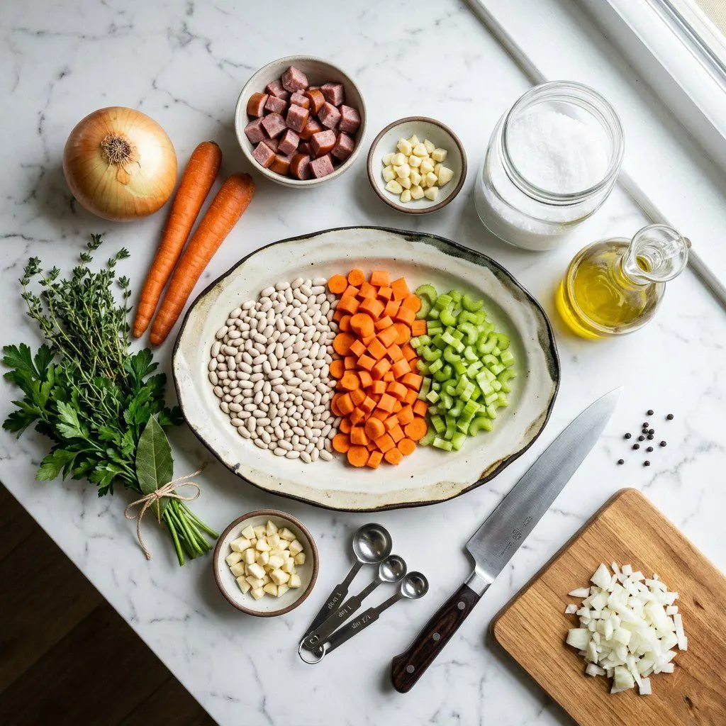 Raw cooking ingredients for Slow Cooker White Bean Cassoulet arranged beautifully on a clean kitchen counter.