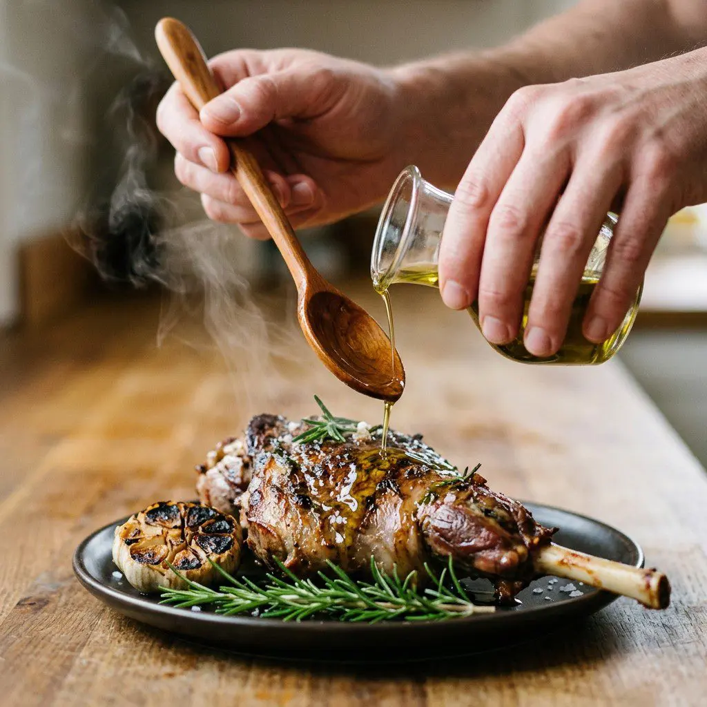 Home cook prepared steps for assembling and cooking Slow Roasted Leg of Lamb.