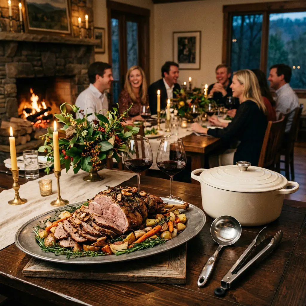 An appetizing, fresh serving of cooked Slow Roasted Leg of Lamb displayed beautifully on a styled dining table.