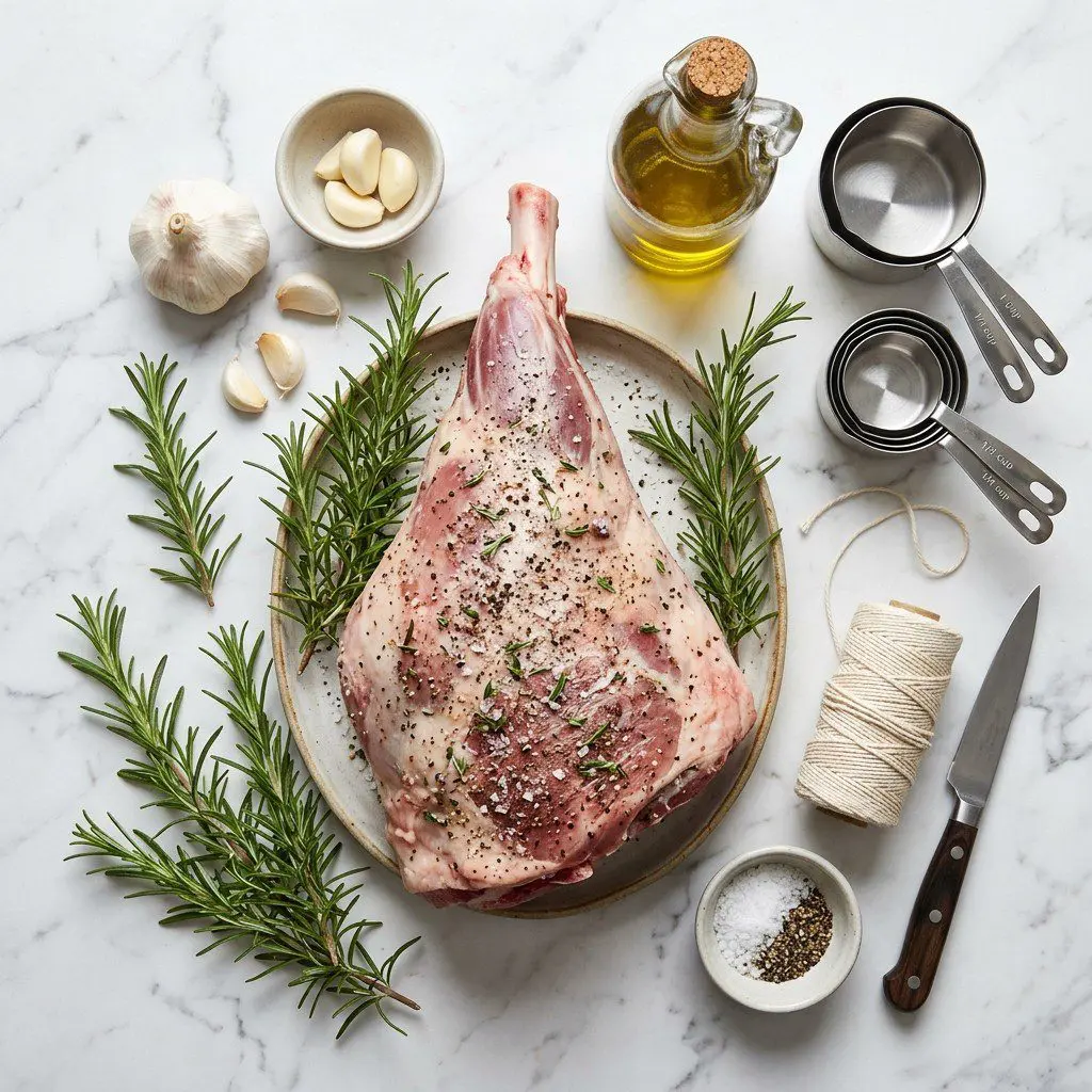 Raw cooking ingredients for Slow Roasted Leg of Lamb arranged beautifully on a clean kitchen counter.