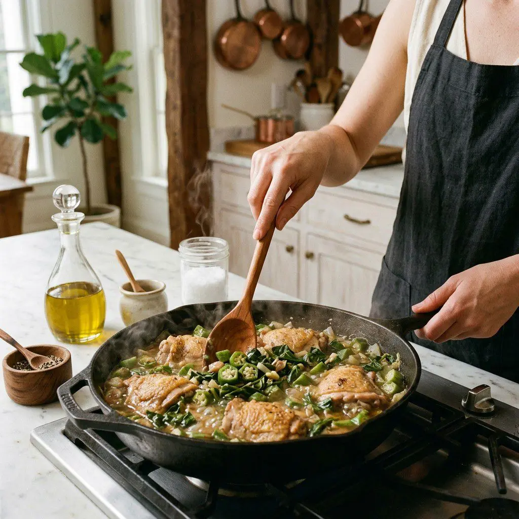 Home cook prepared steps for assembling and cooking Southern-Style Chicken Pot with Okra and Collards.