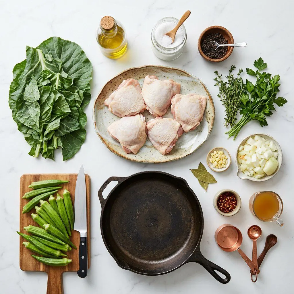 Raw cooking ingredients for Southern-Style Chicken Pot with Okra and Collards arranged beautifully on a clean kitchen counter.