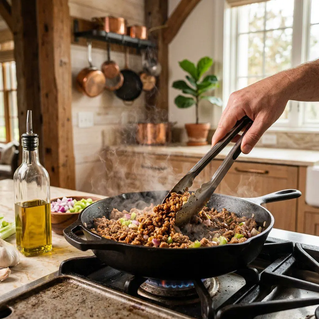 Home cook prepared steps for assembling and cooking Spiced Pork Lettuce Wraps.