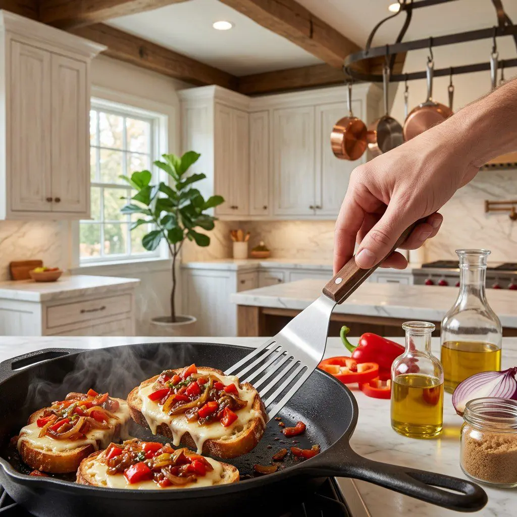 Home cook prepared steps for assembling and cooking Spicy Pepper Chutney on Pear and Gruyere Toasts.