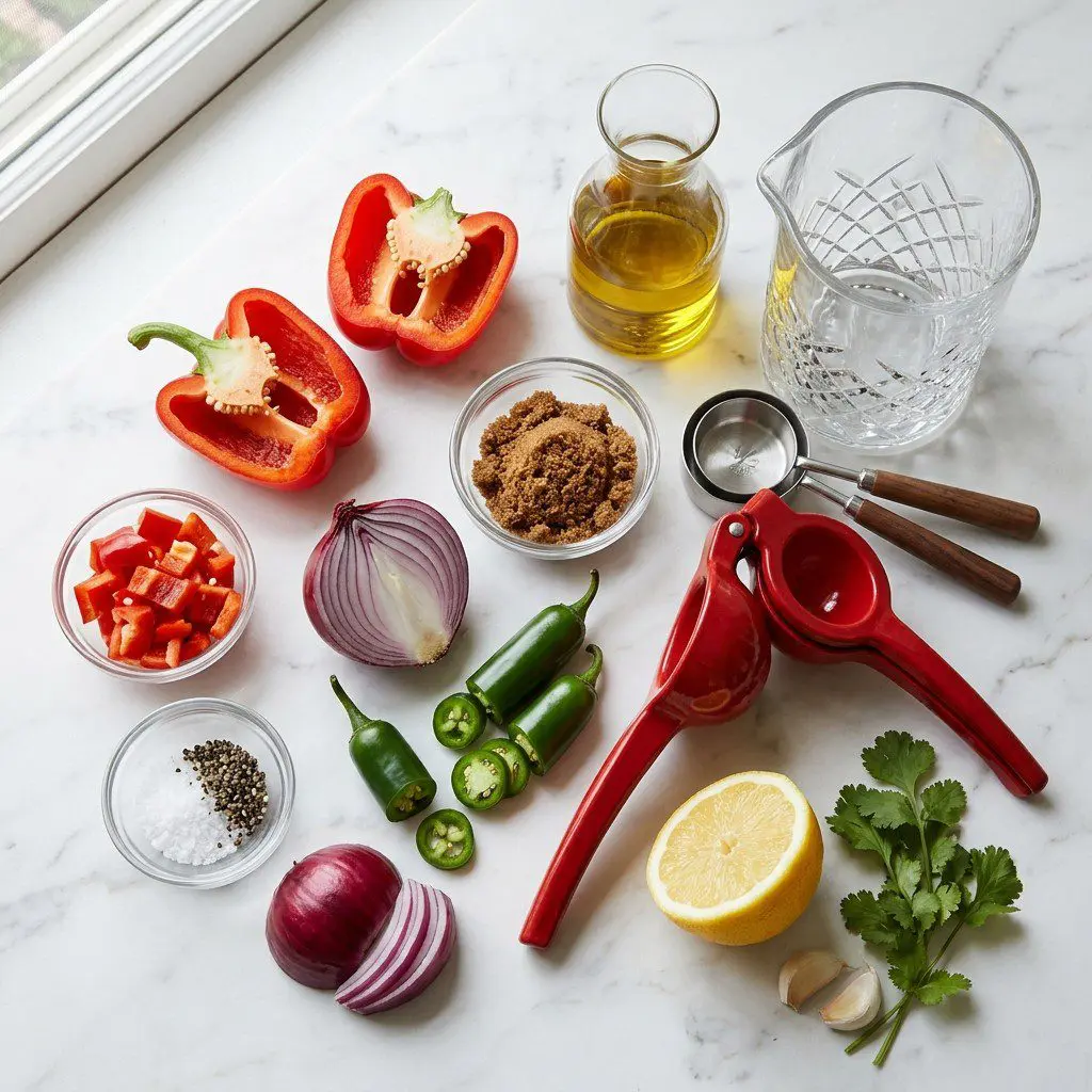 Raw cooking ingredients for Spicy Pepper Chutney on Pear and Gruyere Toasts arranged beautifully on a clean kitchen counter.
