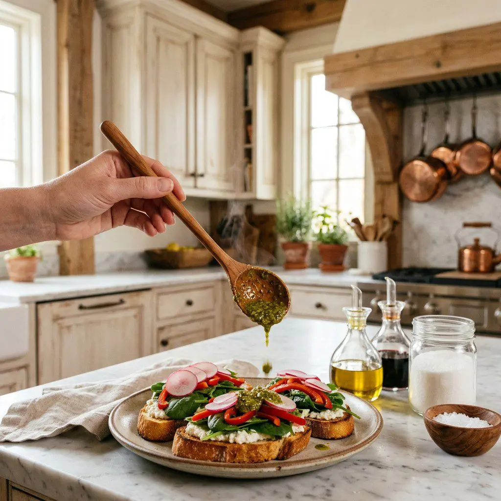 Home cook prepared steps for assembling and cooking Spicy Thai Pesto Crostini with Pickled Radishes.
