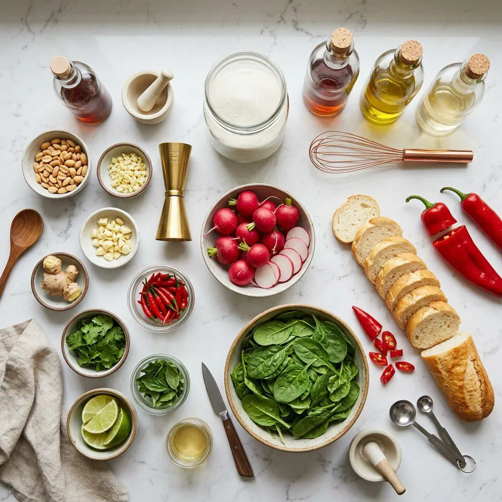 Raw cooking ingredients for Spicy Thai Pesto Crostini with Pickled Radishes arranged beautifully on a clean kitchen counter.