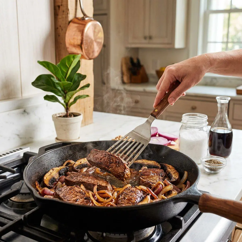 Home cook prepared steps for assembling and cooking Steak, Portobello, and Caramelized Onion Salad with Blue Cheese and Walnuts.