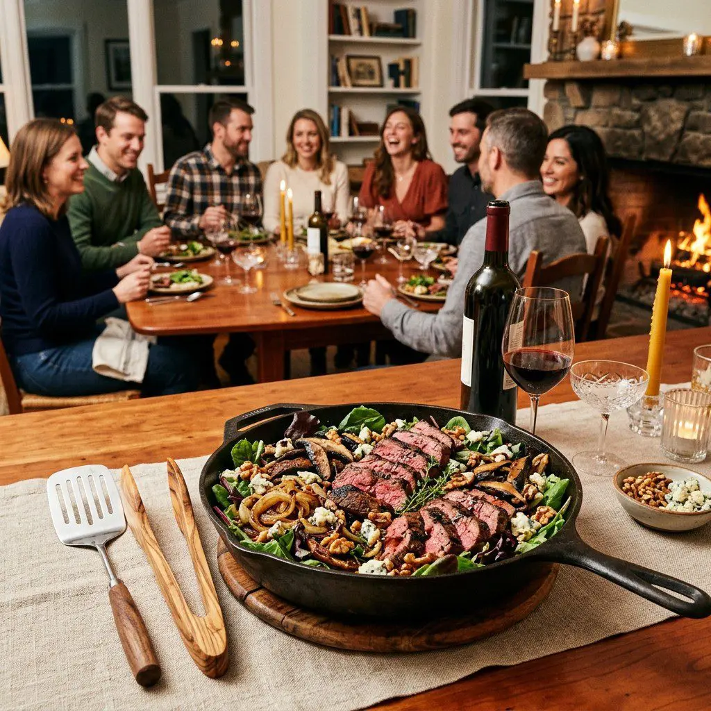An appetizing, fresh serving of cooked Steak, Portobello, and Caramelized Onion Salad with Blue Cheese and Walnuts displayed beautifully on a styled dining table.