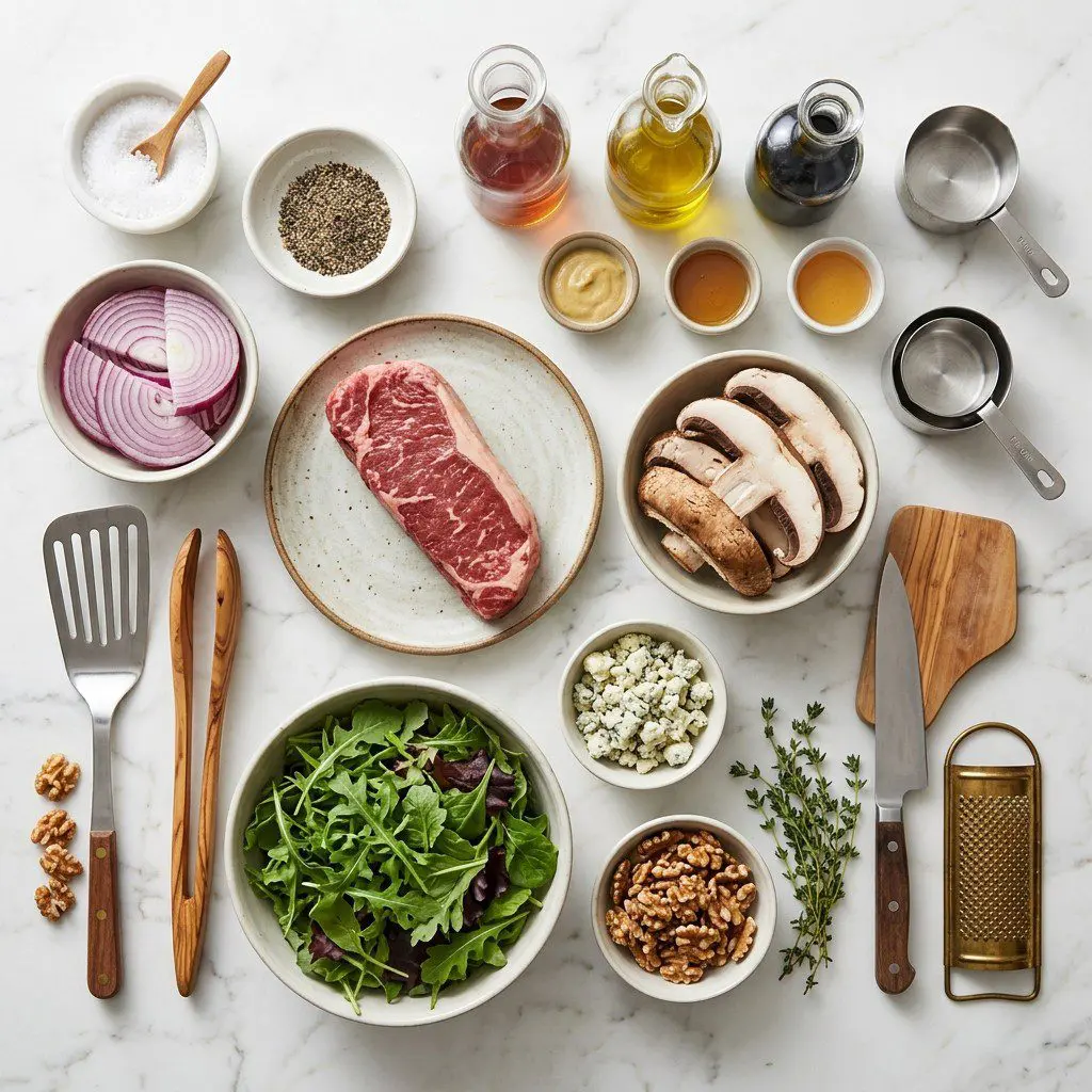 Raw cooking ingredients for Steak, Portobello, and Caramelized Onion Salad with Blue Cheese and Walnuts arranged beautifully on a clean kitchen counter.