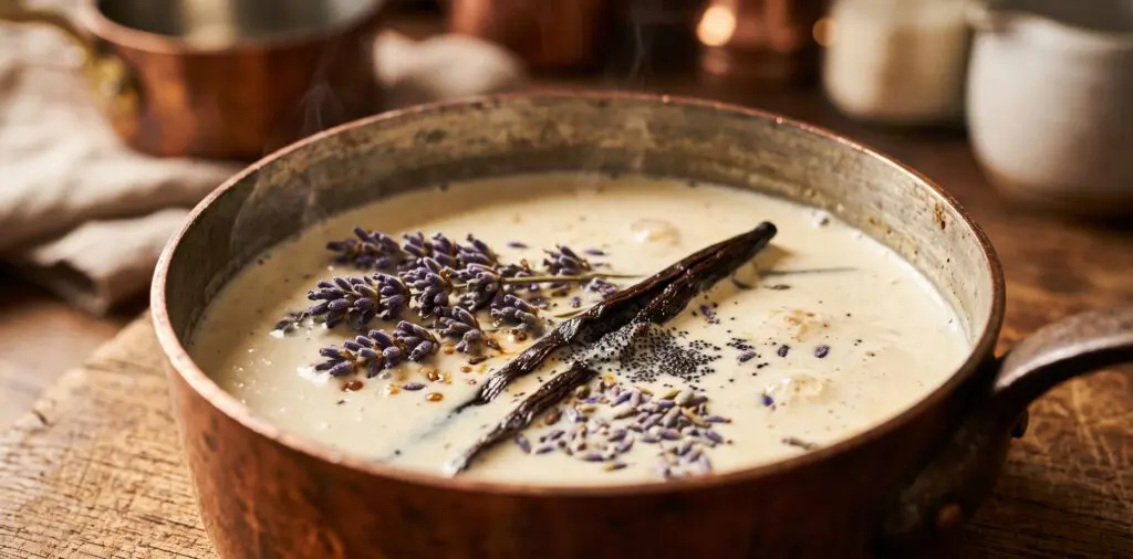 Dried lavender sprigs and a split vanilla pod submerged in warm cream, the cream barely steaming.