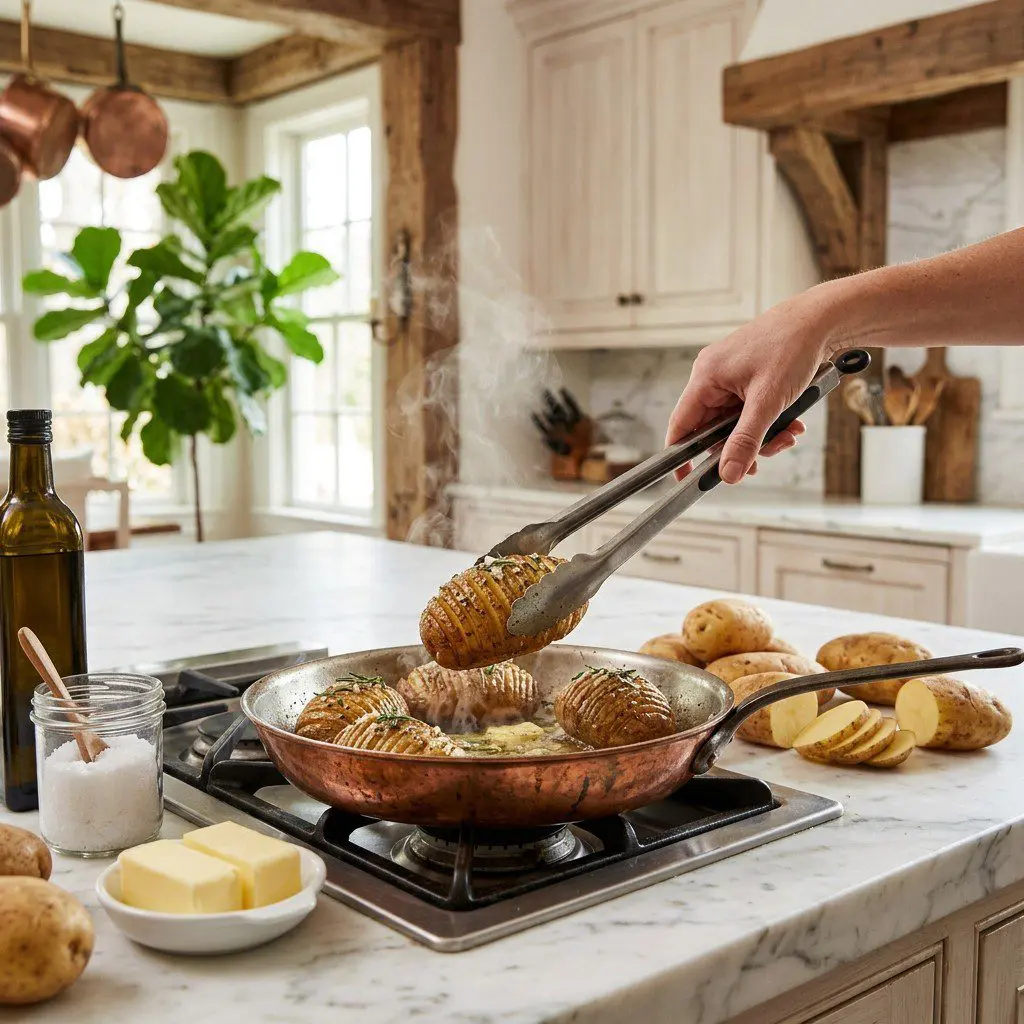 Home cook prepared steps for assembling and cooking Stuffed Hasselback Potatoes.