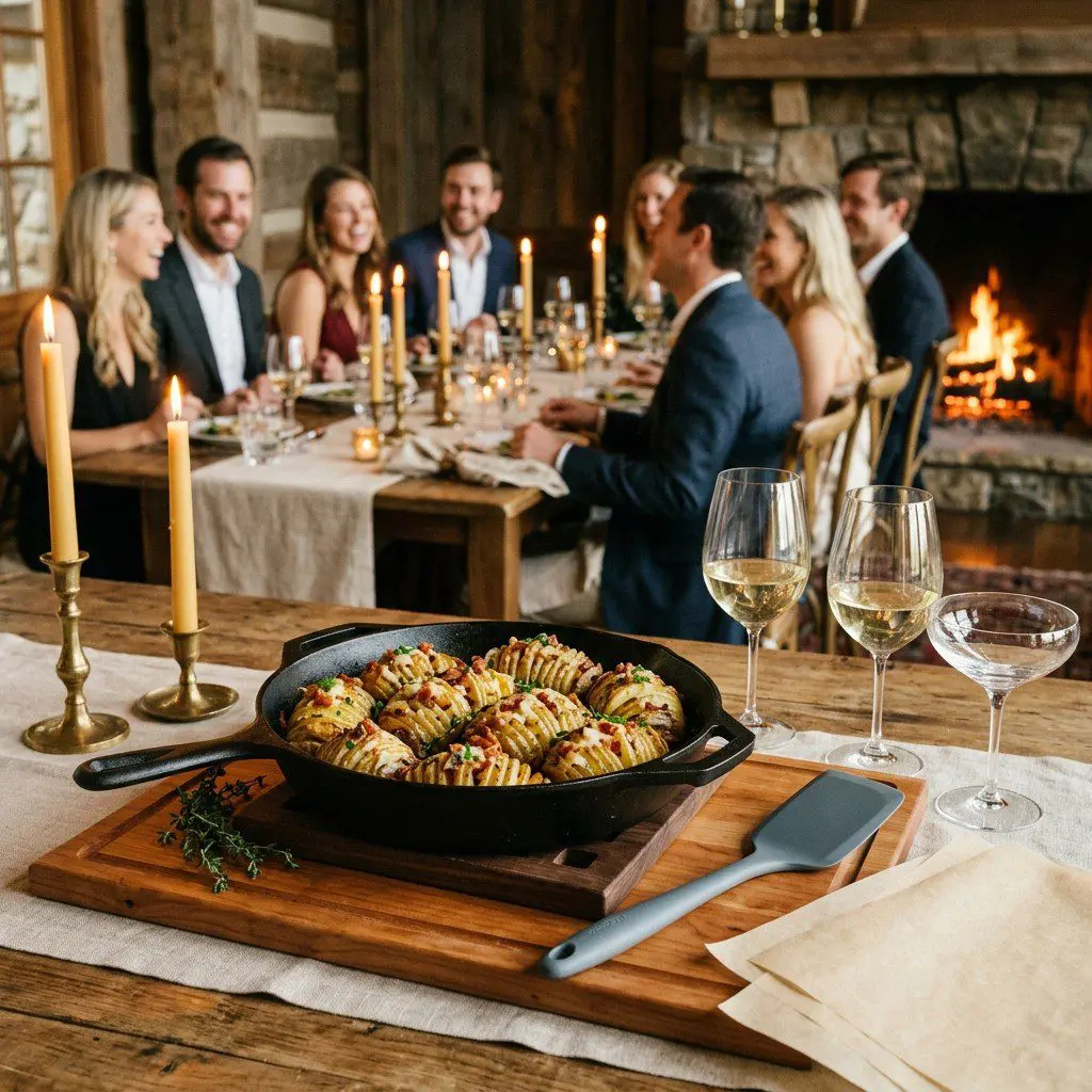 An appetizing, fresh serving of cooked Stuffed Hasselback Potatoes displayed beautifully on a styled dining table.