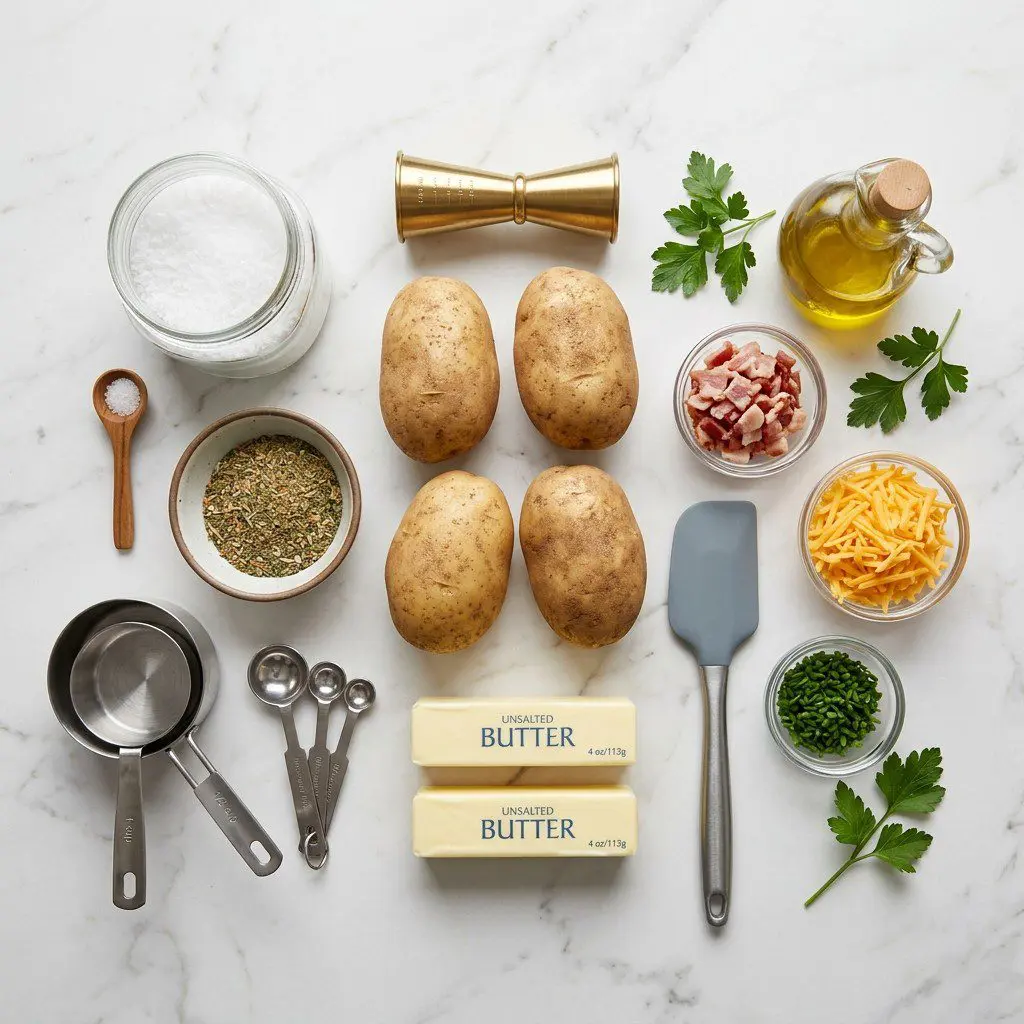 Raw cooking ingredients for Stuffed Hasselback Potatoes arranged beautifully on a clean kitchen counter.