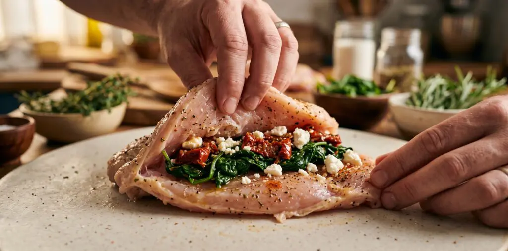 A butterflied chicken breast opened flat, being stuffed with wilted spinach, sun-dried tomatoes, and goat cheese.