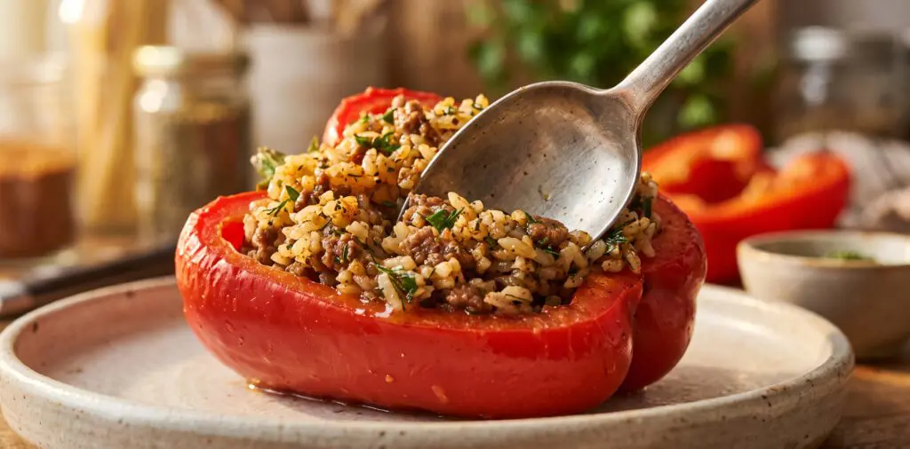 A vivid red bell pepper, top removed, being packed with herbed rice and meat filling, a spoon pressing it down.