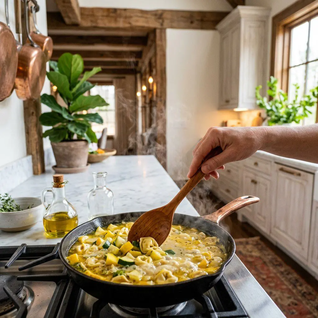Home cook prepared steps for assembling and cooking Summer Squash Soup with Tortellini.