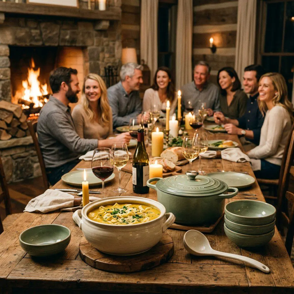 An appetizing, fresh serving of cooked Summer Squash Soup with Tortellini displayed beautifully on a styled dining table.
