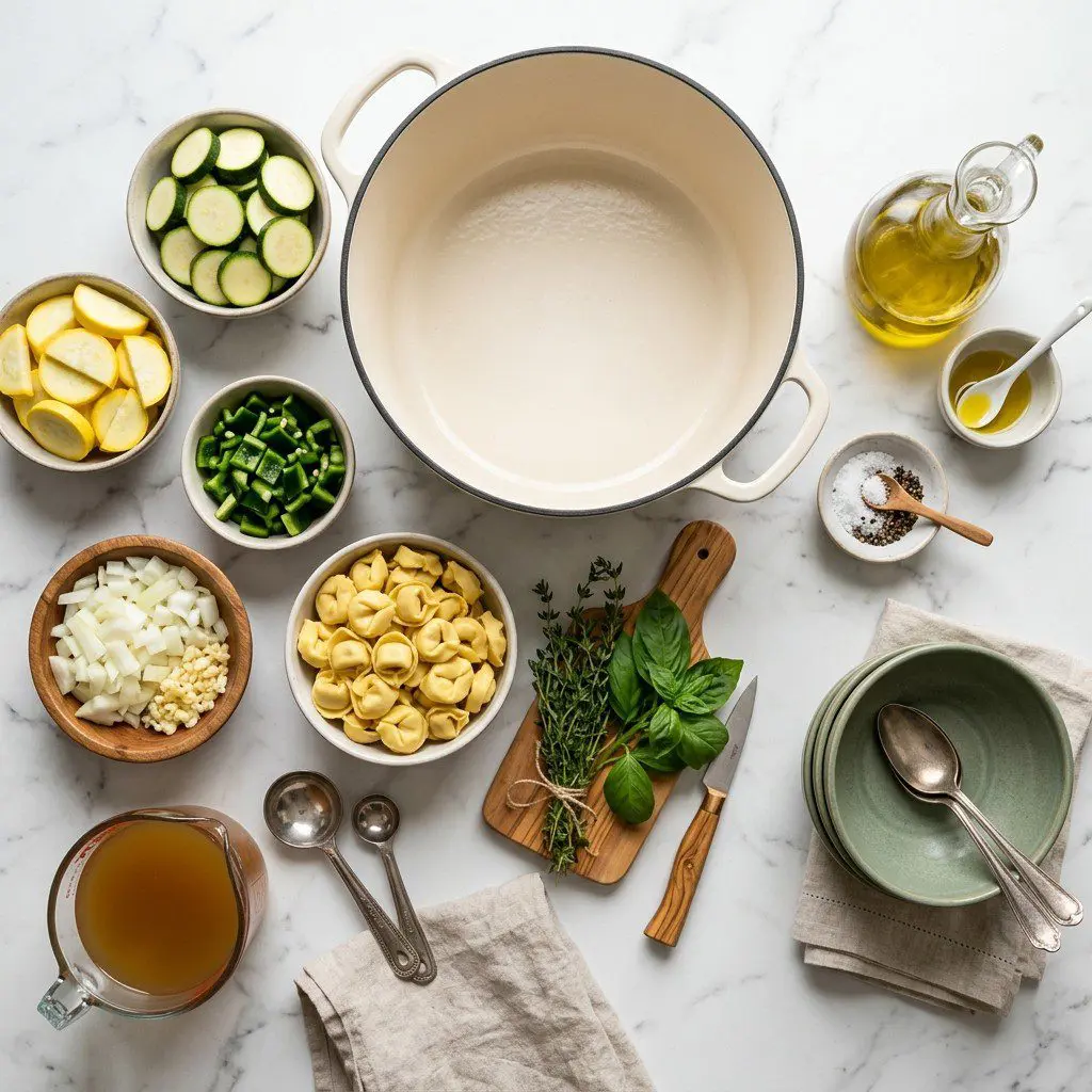 Raw cooking ingredients for Summer Squash Soup with Tortellini arranged beautifully on a clean kitchen counter.