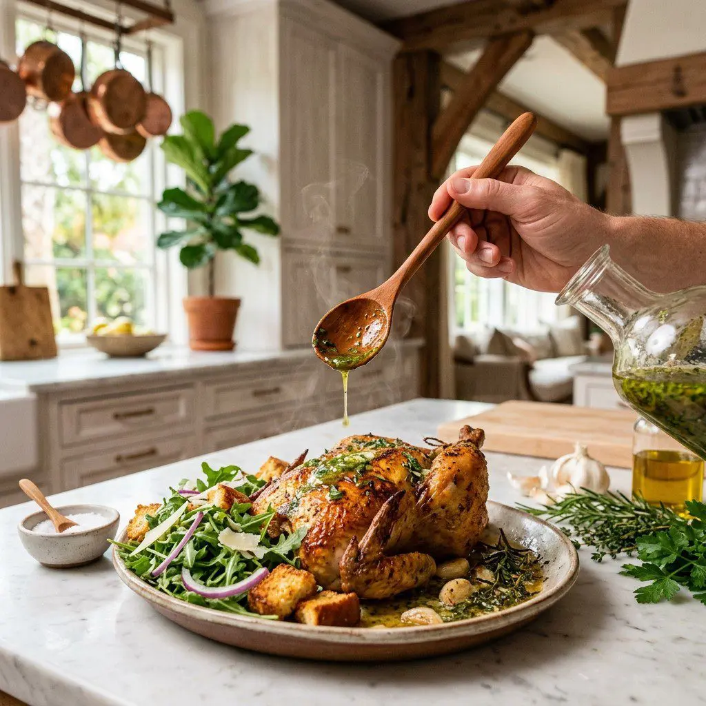 Home cook prepared steps for assembling and cooking Sunday Best Chicken with Herb Butter, French Toast Croutons, and Arugula Salad.