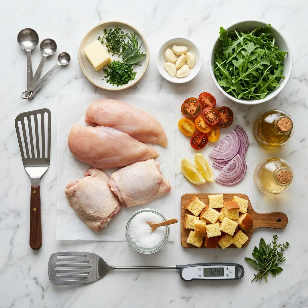 Raw cooking ingredients for Sunday Best Chicken with Herb Butter, French Toast Croutons, and Arugula Salad arranged beautifully on a clean kitchen counter.