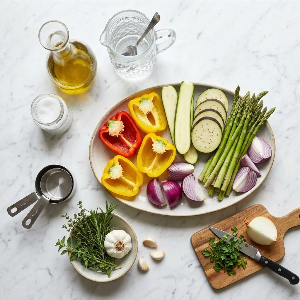 Raw cooking ingredients for Sunday Best Grilled Vegetables arranged beautifully on a clean kitchen counter.