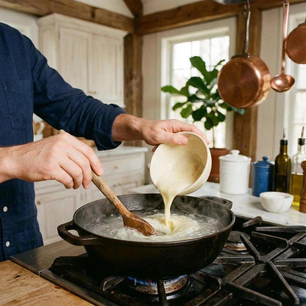 Home cook prepared steps for assembling and cooking Sunday Best Scrambled Eggs with Sherried Mushrooms, Chives and Truffle Oil.
