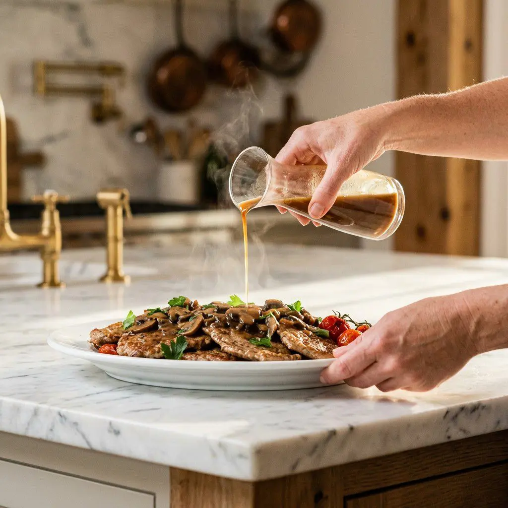Home cook prepared steps for assembling and cooking Sunday Best Veal Marsala.