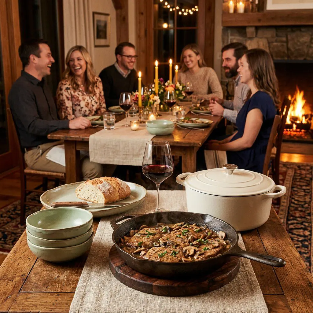 An appetizing, fresh serving of cooked Sunday Best Veal Marsala displayed beautifully on a styled dining table.