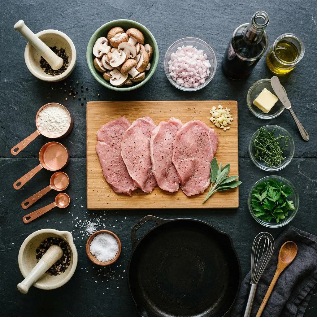 Raw cooking ingredients for Sunday Best Veal Marsala arranged beautifully on a clean kitchen counter.