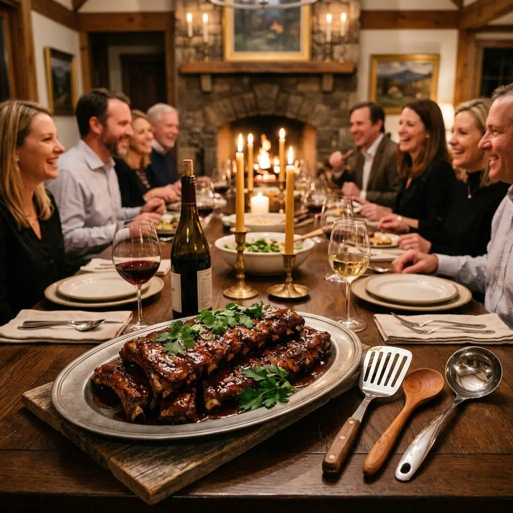 An appetizing, fresh serving of cooked Sweet and Sour Country Style Ribs displayed beautifully on a styled dining table.