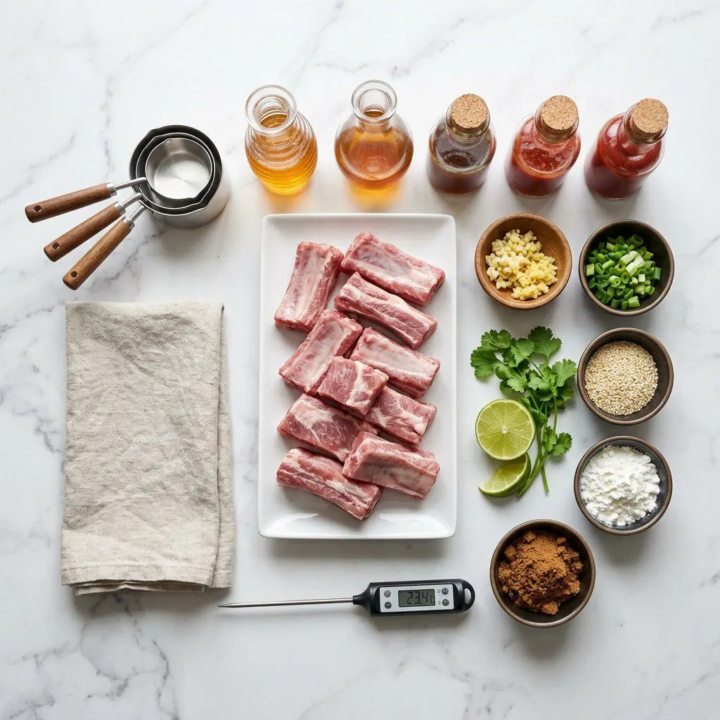 Raw cooking ingredients for Sweet and Sour Country Style Ribs arranged beautifully on a clean kitchen counter.