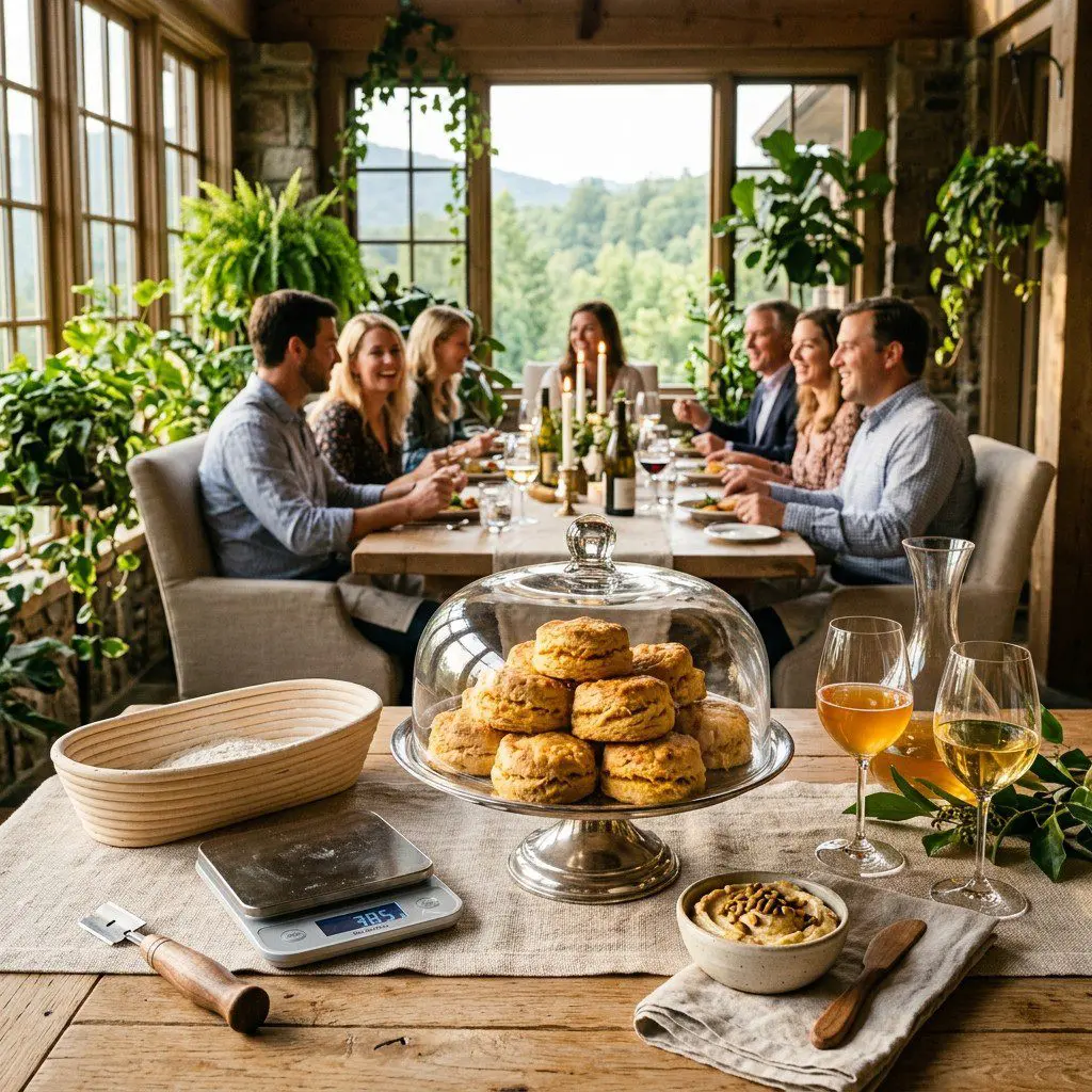 An appetizing, fresh serving of cooked Sweet Potato Biscuits with Pumpkin Pepita Butter displayed beautifully on a styled dining table.