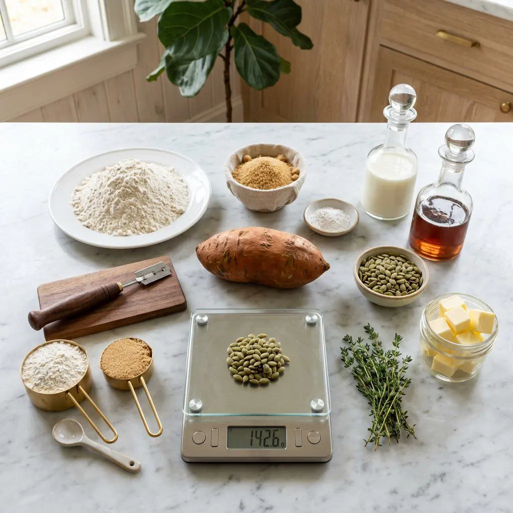 Raw cooking ingredients for Sweet Potato Biscuits with Pumpkin Pepita Butter arranged beautifully on a clean kitchen counter.