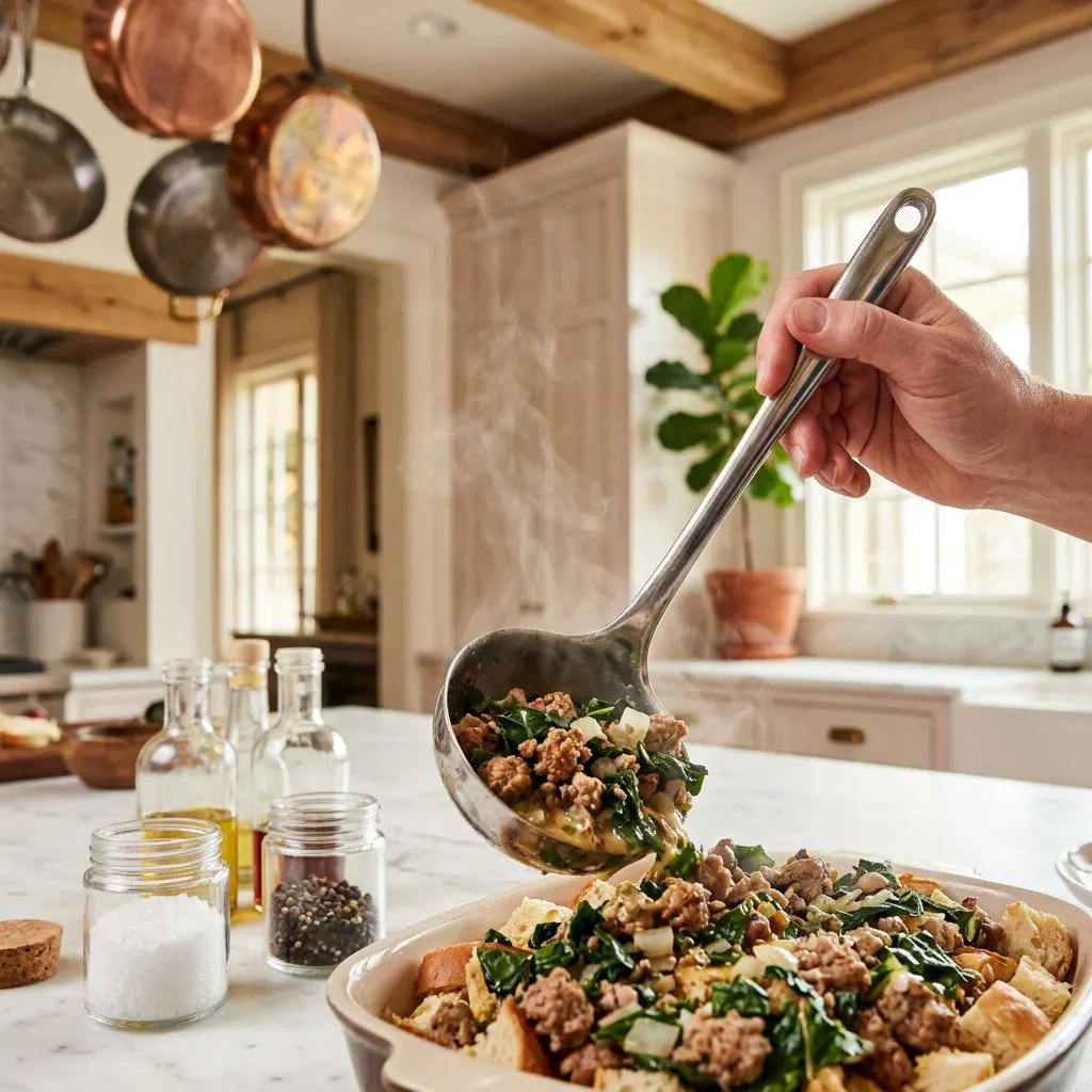 Home cook prepared steps for assembling and cooking Swiss Chard Strata with Artisanal Sausage.