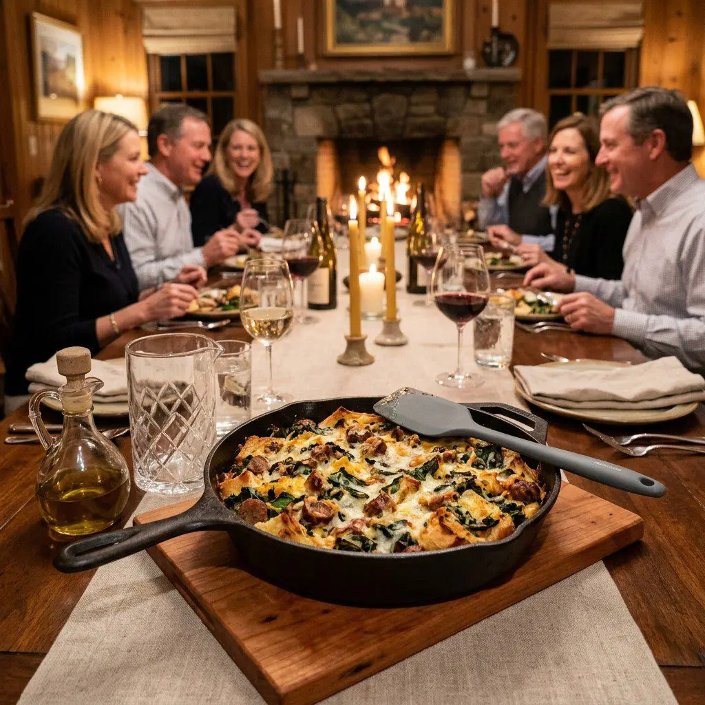 An appetizing, fresh serving of cooked Swiss Chard Strata with Artisanal Sausage displayed beautifully on a styled dining table.