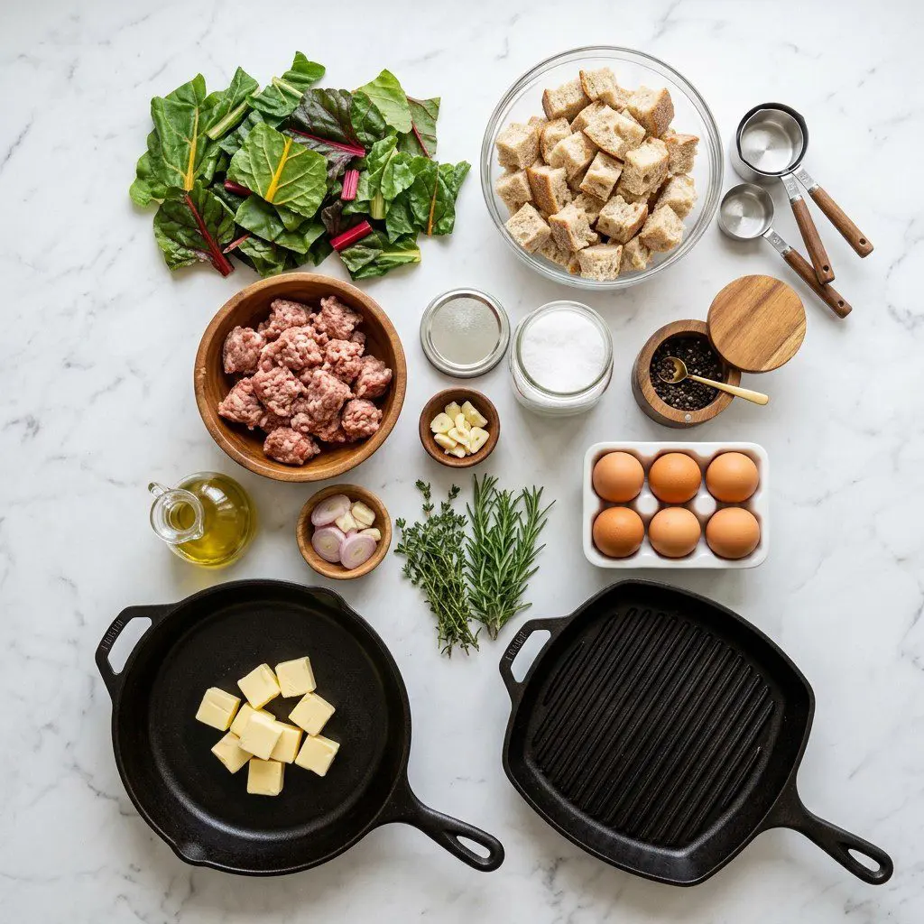 Raw cooking ingredients for Swiss Chard Strata with Artisanal Sausage arranged beautifully on a clean kitchen counter.