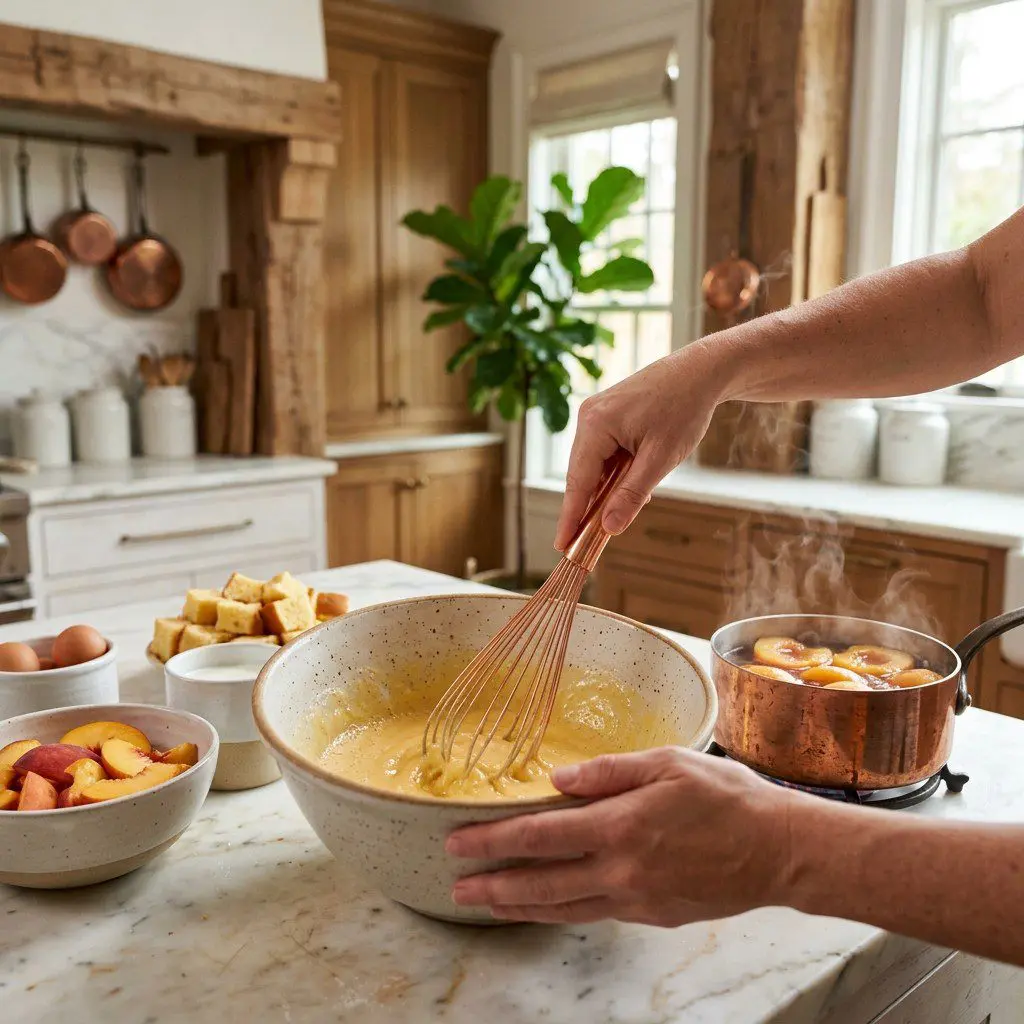 Home cook prepared steps for assembling and cooking Syrup Poached Peaches with Crunchy French Toast Bites.