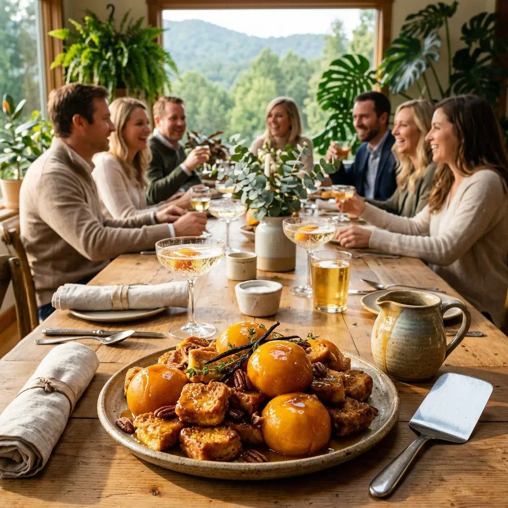 An appetizing, fresh serving of cooked Syrup Poached Peaches with Crunchy French Toast Bites displayed beautifully on a styled dining table.