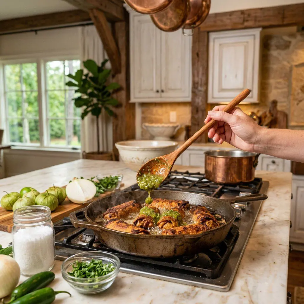 Home cook prepared steps for assembling and cooking Tex-Mex Egg Rolls with Fresh Tomatillo Salsa.