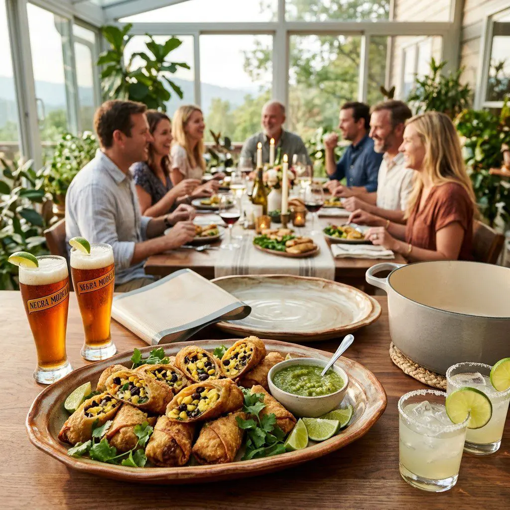 An appetizing, fresh serving of cooked Tex-Mex Egg Rolls with Fresh Tomatillo Salsa displayed beautifully on a styled dining table.