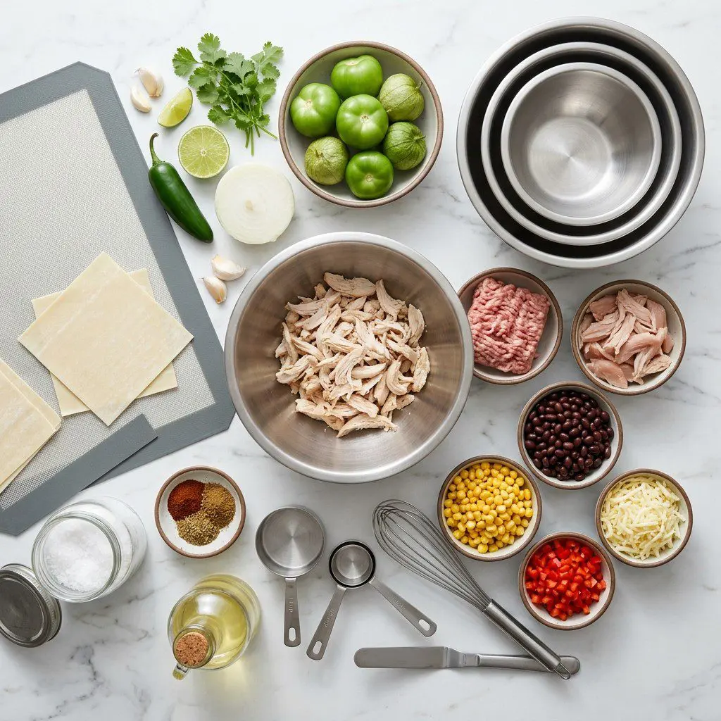 Raw cooking ingredients for Tex-Mex Egg Rolls with Fresh Tomatillo Salsa arranged beautifully on a clean kitchen counter.