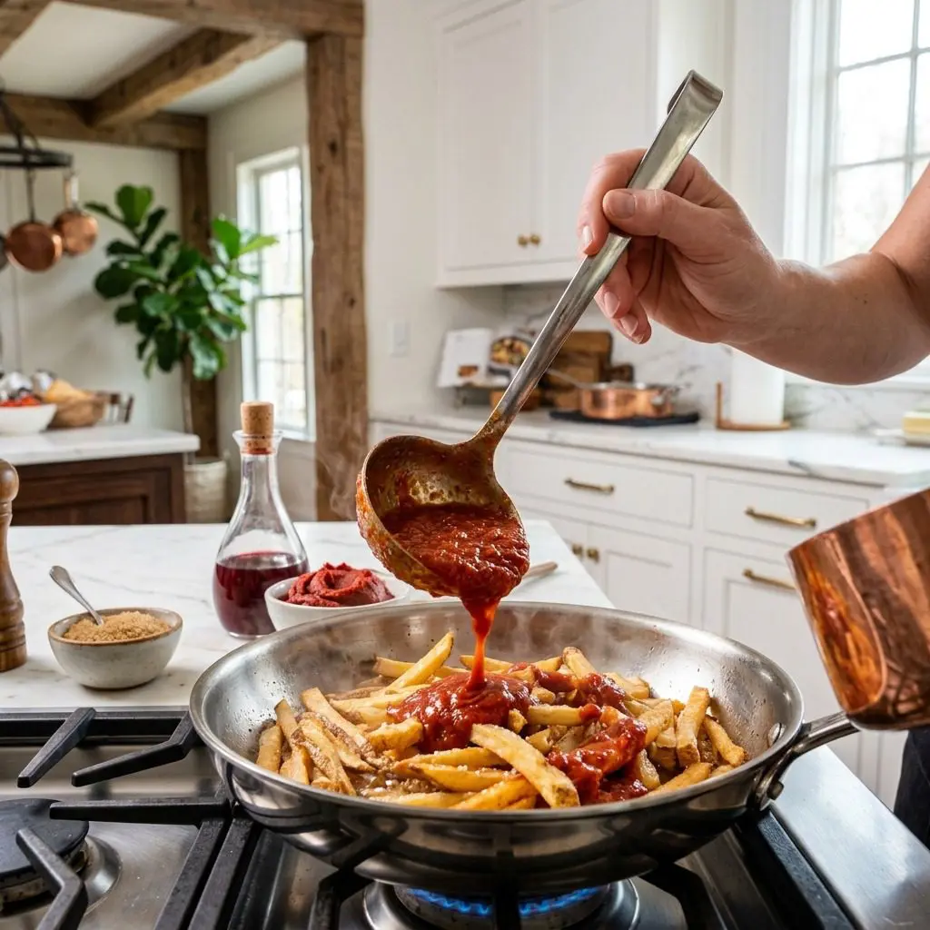 Home cook prepared steps for assembling and cooking The Real Deal Fries with Rustic Ketchup.