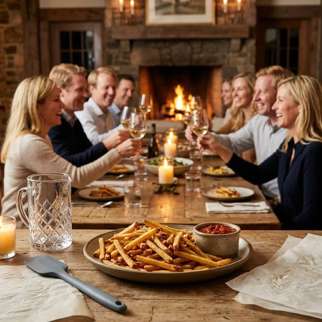 An appetizing, fresh serving of cooked The Real Deal Fries with Rustic Ketchup displayed beautifully on a styled dining table.